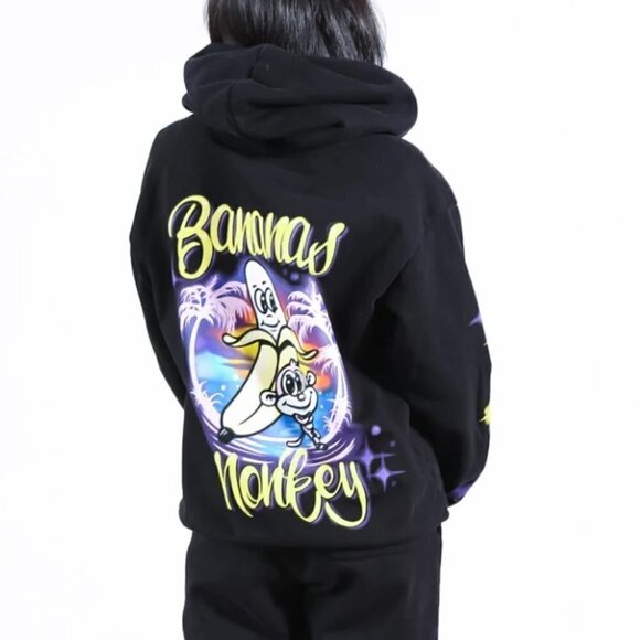 Bananas Monkey Pullover Hoodie Unisex Small Black Airbrush Graphic Streetwear - Picture 1 of 8